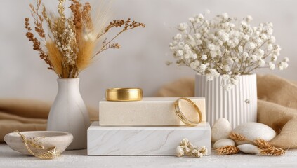 A display of dried flowers and decorative items.