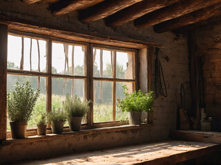 Fototapeta premium Bundles of herbs drying in rustic wooden barn sunlight