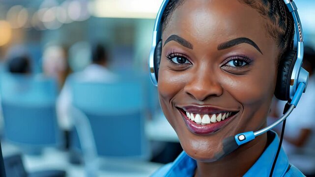 The Voice of Excellence: A radiant customer service representative exudes warmth and professionalism while assisting a customer, epitomizing the best in client relations, in a realistic office setup.