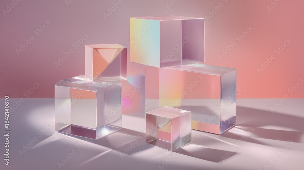 Poster abstract geometric glass blocks with gradient film and soft lighting for product display and adverti