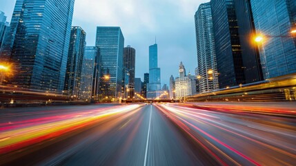 Fototapeta premium Chicago Cityscape at Dusk: Capturing the Dynamic Energy of Urban Life with Light Trails