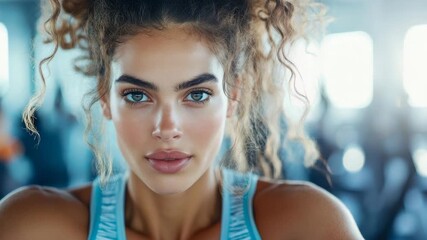 A captivating close-up portrait of a fit woman with striking green eyes and curly hair, radiating strength and natural allure