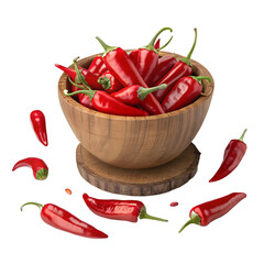 Red Chili Peppers in a Wooden Bowl with Flying Peppers and Seeds
