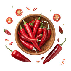 Fresh Red Chili Peppers in Wooden Bowl with Slices Isolated on Transparent Background
