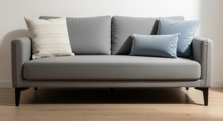Fototapeta premium Modern grey sofa with decorative pillows on wood floor