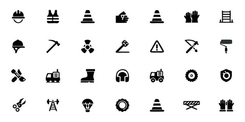 Obraz premium Construction Safety Icons Solid Black Vector Set – Site Standards, PPE Equipment, and Hazard Control Symbols
