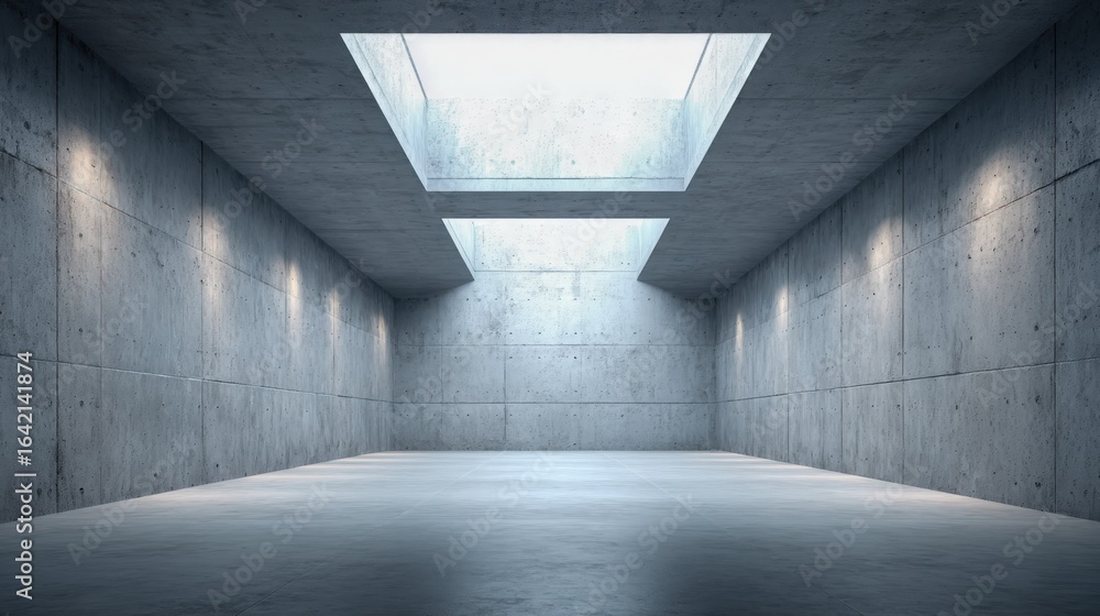 Poster minimalist concrete room with skylight: modern architecture and empty space for creative design proj