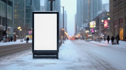 Blank Advertising Billboard on Snowy City Street - Winter Urban Mockup for Marketing