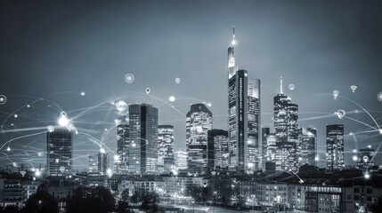 Monochrome Skyline Connecting Cities: Abstract Visualization of Global Connectivity, Technology and Data Exchange in Urban Landscape