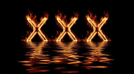 XXX Triple X - Three X's written in flame type - text blazes in flaming letters, with fiery age restricted, dark background; animated text graphics. Warning title sign. Widescreen 16:9