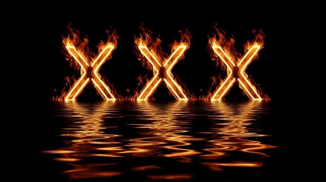 XXX Triple X - Three X's written in flame type - text blazes in flaming letters, with fiery age restricted, dark background; animated text graphics. Warning title sign. Widescreen 16:9