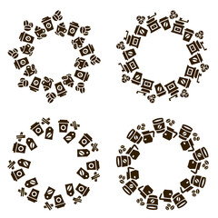 Coffee wreath collection with cups, mugs, beans, brewing tools, and coffee-related elements in minimal flat silhouette style