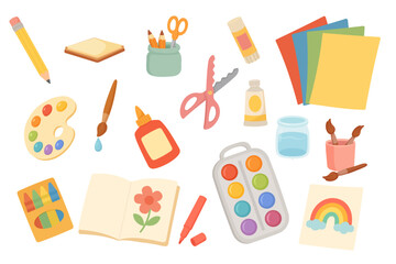 Art supplies collection with paint palette, watercolor set, crayons, glue, scissors, pencils, paper, and brushes in cute colorful style for kids education