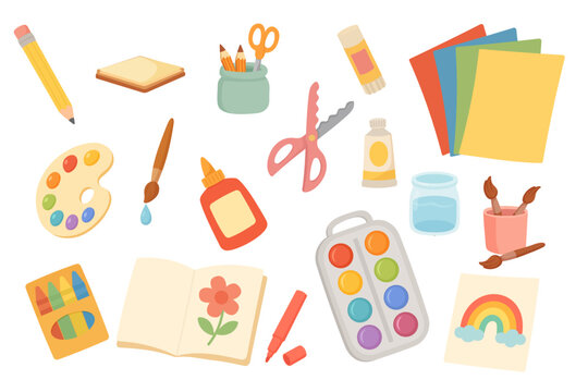 Art supplies collection with paint palette, watercolor set, crayons, glue, scissors, pencils, paper, and brushes in cute colorful style for kids education