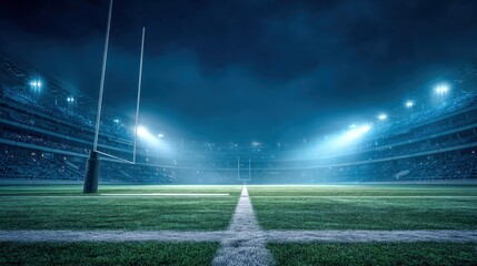 American Football Stadium at Night with Bright Lights and Empty Stands Ready for the Game
