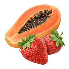 Fresh Papaya with Seeds and Ripe Strawberries Isolated on White Background – Tropical Fruit and Healthy Food Concept