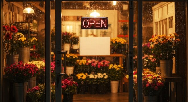 Illuminated open sign in rainy flower shop window at night