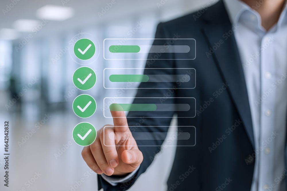 Poster business professional interacting with virtual checklist display, demonstrating task completion and 