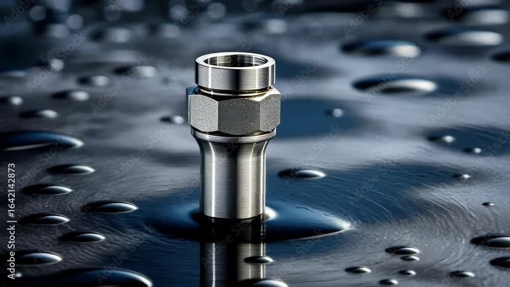 Poster metallic connector: a close-up shot of a polished metallic connector, with a focus on its industrial