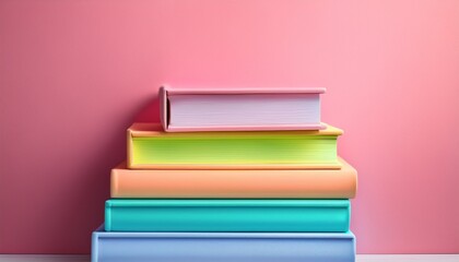 a stack of books with bright neon and pastel covers against a pink wall