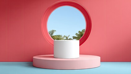 Colorful display podium with a circular window.