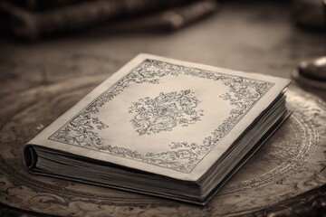 Ornate antique book resting on a surface.