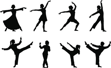 Female dancer silhouette, martial arts woman, elegant pose vector, dancing girl shadow, karate kick clipart, modern dance figure