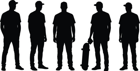 Skater boy silhouette, standing man clipart, male figure vector, casual streetwear outline, skateboarder shadow art, urban youth silhouette
