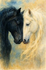 Obraz premium Black and white horses touching foreheads, tender moment, soft watercolor painting background