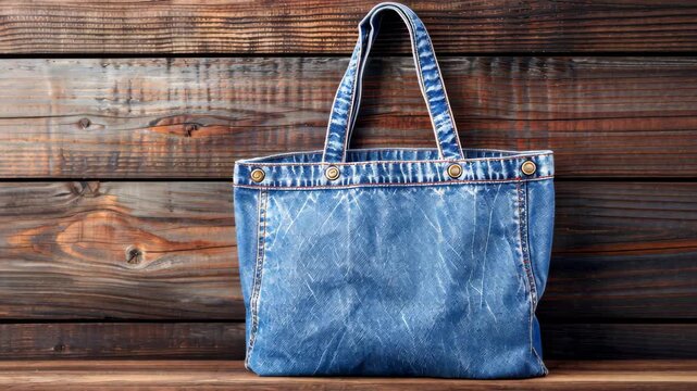 Denim Bag: A stylish denim bag hangs in front of a textured wooden background, showcasing its sturdy construction and iconic denim material.