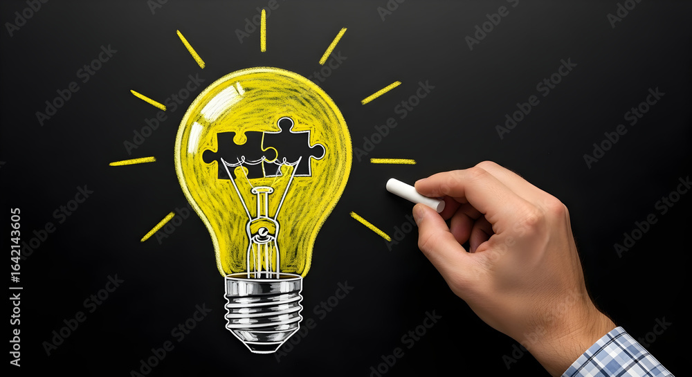 Poster creative brainstorming begins with a bright idea, assembling puzzle pieces within a glowing lightbul
