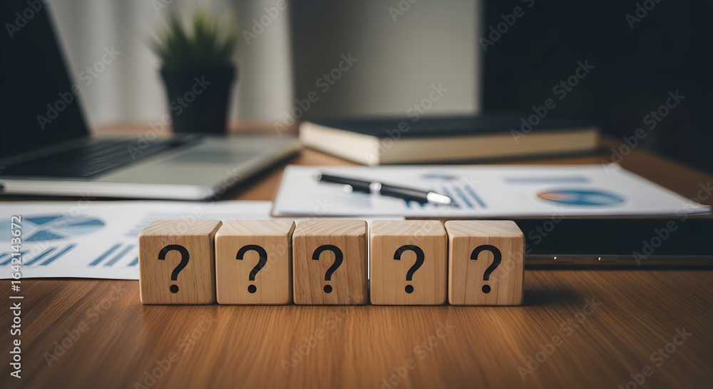 Aufkleber five wooden cubes with question marks symbolize uncertainty and the need for answers in a modern bus