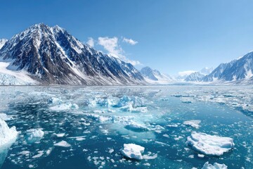 Ice floes and mountains in a vast arctic landscape.