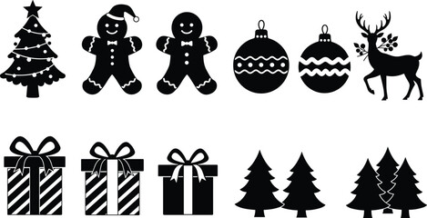 PrintChristmas icons, holiday symbols, gingerbread cookies, Christmas tree, ornaments, reindeer silhouette, gift boxes, festive decorations
