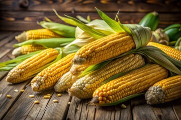 A rustic still life of fresh corn cobs on a wooden table, showcasing the beauty of autumn harvest and the essence of healthy, organic food