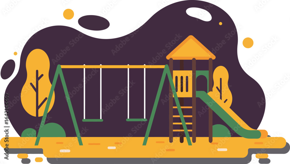 Poster playground with swing set and slide in autumn park with yellow trees and dark purple background vect