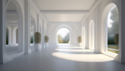 Obraz premium sunlit white villa corridor minimalist architecture villa white interior