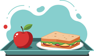 Lunch tray with fresh sandwich and red apple healthy meal illustration for lifestyle and food concepts 