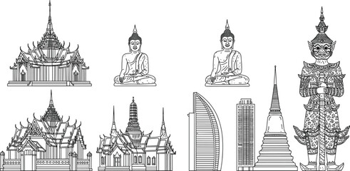 Thai temple architecture, Buddha statues, Thai guardian figure, Wat temple illustrations, Buddhist art, Thailand landmarks, traditional Thai buildings