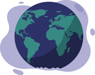 Fototapeta premium Earth globe illustration showing continents in green and oceans in blue with purple background vector design 