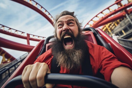 Exaggerated face screaming in joy on thrilling roller coaster ride, feeling pure adrenaline rush at a fun amusement park attraction, eyes wide with excitement.