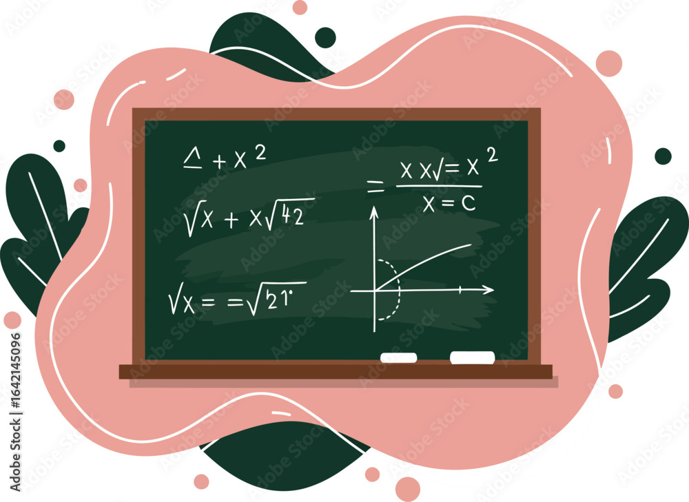 Poster math equations on blackboard illustration with abstract leaves background in soft color palette