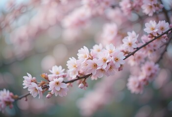 Naklejka premium Cherry Blossom Close-Up – Light Pink Flowers with Yellow Stamens and Soft Pastel Bokeh Background