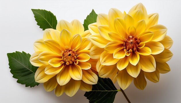 due fiori di dalia gialla con foglie verdi scontornati su sfondo trasparente