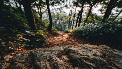 Naklejka premium Rocky outcrop at the edge of a woodland path.