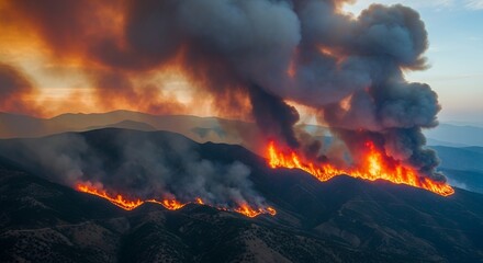 A large wildfire rages across a mountain range at dusk, with thick smoke plumes filling the sky.