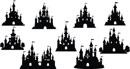 PrintCastle silhouette set, medieval tower icons, black fortress vector, fairytale architecture clipart, fantasy castle design, historic building illustration collection © Bappi Creatives