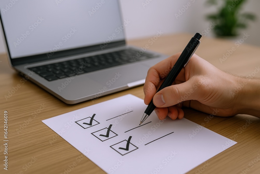 Poster hand completing checklist with pen near laptop, illustrating productivity and task management concep