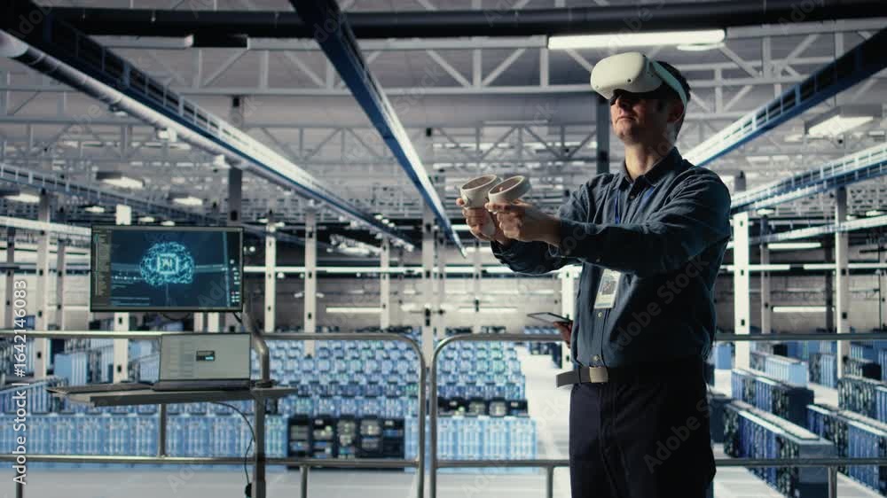 Poster data center employee check ai dashboard using vr headset during systems review. server hub worker us