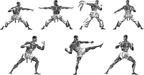 Martial artist silhouette set, seven dynamic poses, kicking and striking stances, muscular fighter clipart, combat technique vector, black action design